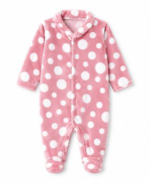 Babyhug Knit Full Sleeves Winter Sleepsuit with Polka Dots  Design - Pink