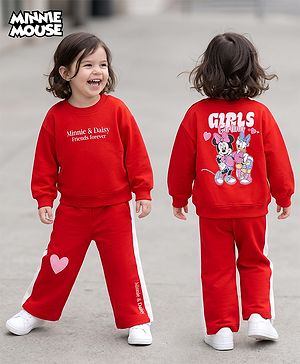 Babyhug Disney 100% Cotton Terry Knit Full Sleeves T-Shirt & Pant Set With Minnie Mouse & Daisy Graphic - Red