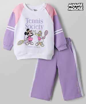 Babyhug Disney 100% Cotton Terry Knit Full Sleeves Cut & Sew T-Shirt and Pant Set With Minnie Mouse & Daisy Graphic - Purple