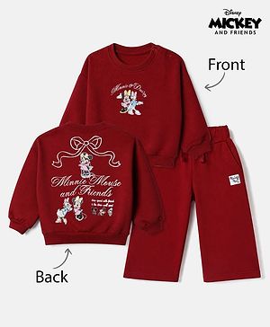 Babyhug Disney 100% Cotton Terry Knit Full Sleeves Sweatshirt and Pants with Full Length and Minnie and Daisy Front & Back Print in Maroon