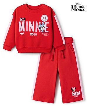 Babyhug Disney 100% Cotton Terry Knit Full Sleeves T-Shirt And Pant With Minnie Mouse Print In Red