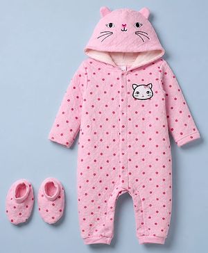 Babyhug 100% Cotton Interlock Knit Full Sleeves Hooded Romper with Booties & Polka Dot Print - Pink