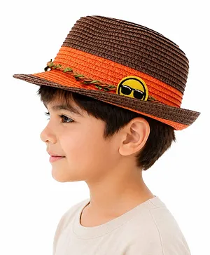 Vritraz Cotton Woven Smiley Patch Design Bucket Hat - Brown - Circumference 52-56 Cm