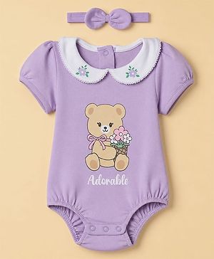 Babyhug 100% Cotton Interlock Knit Half Sleeves Teddy Bear & Floral Printed Onesie With Hairdband - Purple