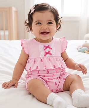 Babyhug 100% Cotton Interlock Knit Half Sleeves Romper With Floral Print & Bow Applique - Pink