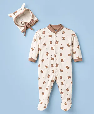 Junior Star Half Sleeves Teddy Bear
                              Printed Coordinating Footed Sleepsuit
                              & Ear Applique Detailed Cap - White