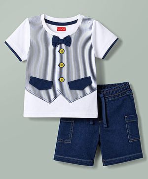 Babyhug Single Jersey Knit Half Sleeves Striped T-Shirt & Shorts Set With Bow Applique - White