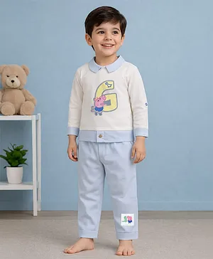 Mi Arcus 100% Cotton Knit Peppa Pig
                              Featuring Full Sleeves Character Printed
                              Tee & Pant Set - White & Blue