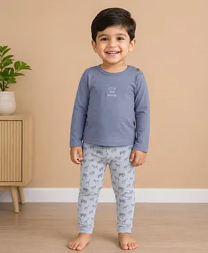 Mi Arcus Cotton Elastane Knit Full
                              Sleeves Lets Go On An Adventure Text
                              Printed Tee & Pant Set - Blue