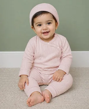 Mi Arcus 100% Cotton Knit Full
                              Sleeves Striped Shirt & Pants Set With
                              Cap - Peach