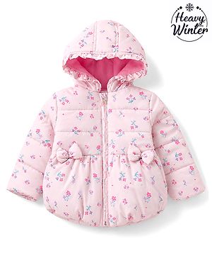 Babyhug Woven Full Sleeves Floral Printed Hooded Padded Jacket with Bow Applique- Pink
