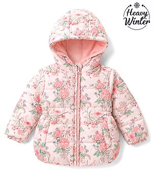 Babyhug Woven Full Sleeves Floral Printed Hooded Padded Jacket - Pink