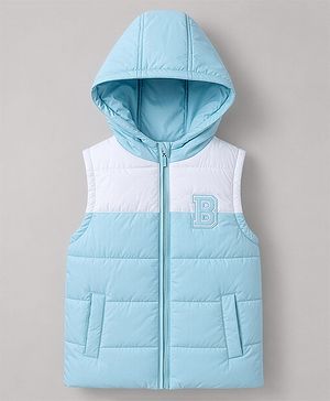 Babyhug Woven Sleeveless Hooded Padded Jacket with Letter B Patch - Light Blue