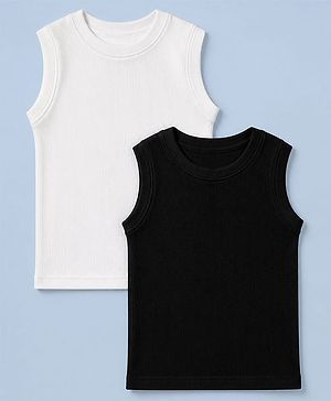 Pine Kids Cotton Blend Knit Thermal Solid Sleeveless Vests Pack of 2 - White & Black