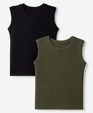 Pine Kids Cotton Blend Knit Solid Thermal Inner Wear with Sleeveless Pack of 2 - Olive Green & Black
