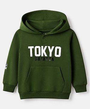 Babyhug 100% Cotton Terry Knit Full Sleeves Hooded Heavy Gauge Sweatshirt With Tokyo Text Print - Olive Green