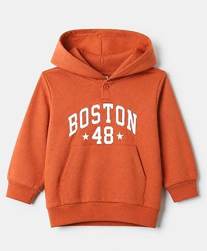 Babyhug Heavy Gauge Terry Knit Sweatshirt With Full Sleeves and Boston 48 Text Print - Rust Orange