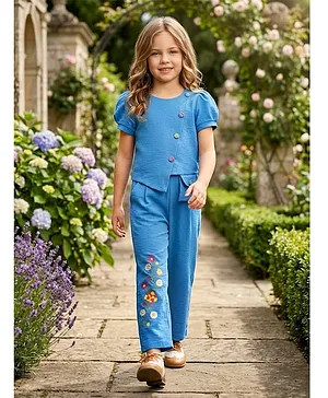 Lei-Chie Cotton Blend Woven Half
                              Sleeves Solid Top & Pants - Blue