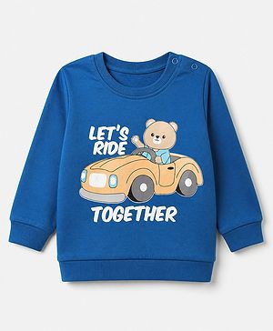Babyhug 100% Cotton Heavy Gauge Terry Knit Sweatshirt with Full Sleeves and Let's Ride Together Text with Bear in Car Print - Blue
