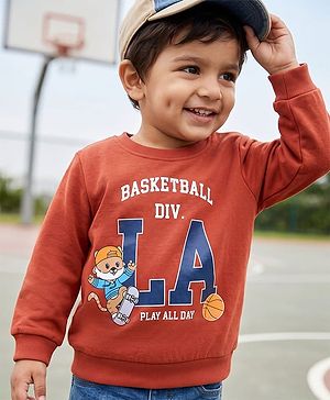 Babyhug Heavy Gauge 100% Cotton Terry Knit Sweatshirt with Full Sleeves and Basketball Print -Brown
