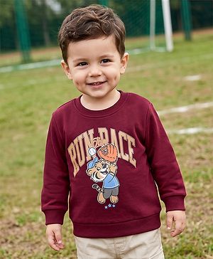 Babyhug Heavy Gauge 100% Cotton Terry Knit Sweatshirt With Full Sleeves and Baseball Print - Brown