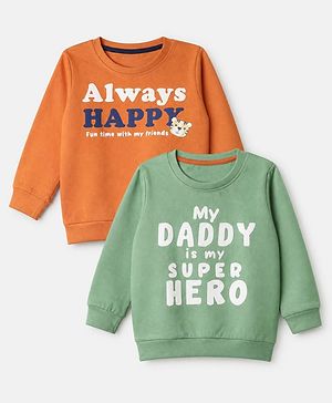 Babyhug 100% Cotton Heavy Gauge Terry Knit Sweatshirts with Full Sleeves and Always Happy Tiger & My Daddy is my Super Hero Text Print in Pack of 2 - Orange Light Green