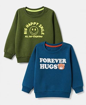 Babyhug Terry Knit Heavy Gauge Sweatshirts with Full Sleeves & Text Print Pack of 2 - Green & Blue