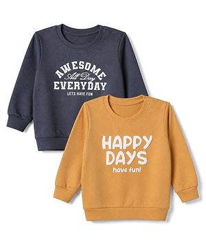 Babyhug Heavy Gauge Terry Knit Sweatshirt With Full Sleeves and Happy Days Text Print Pack f 2 - Navy Blue & Golden Pack of 2