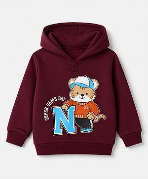 Babyhug 100% Cotton Heavy Gauge Terry Knit Hooded Sweatshirt with Full Sleeves and Tiger Print - Maroon