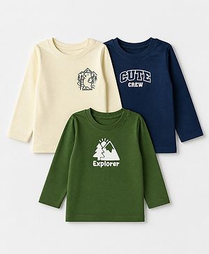Babyhug 100% Cotton Knit Full Sleeves T-Shirts with Explorer & Cute Crew Text with Bear Print Pack of 3 - Navy Blue Green & White
