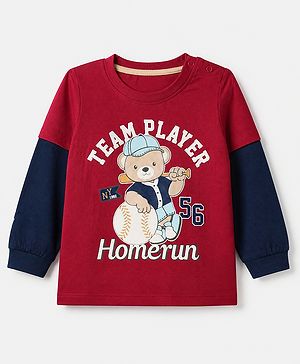 Babyhug 100% Cotton Knit T-Shirts with Full Doctor Sleeves and Homerun Team Player Text with Bear Print - Dark Red