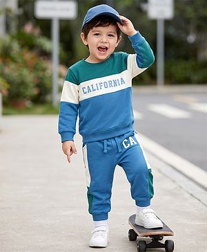 Babyhug 100% Cotton Terry Knit Full Sleeves T-shirt & Joggers Set With California Text Print - White