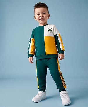 Babyhug 100% Cotton Knit Full Sleeves Vehicles & Text Printed Cut N Sew Sweatshirt & Joggers Set - Green & Yellow