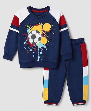 Babyhug 100% Cotton Terry Knit Full Sleeves T-Shirt and Joggers Set with Football Print - Navy Blue