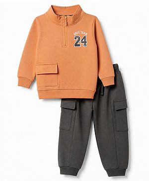 Babyhug 100% Cotton Terry Full Sleeves T-Shirt and Pant Set with Best Team 24 Embroidery - Brown