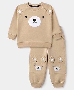 Babyhug 100% Cotton Terry Knit Full Sleeves Sweatshirt and Jogger with Bear Applique - Beige