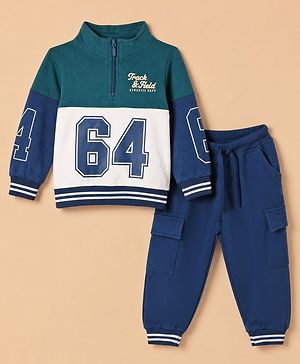 Babyhug 100% Cotton Terry Knit Full Sleeves Sweatshirt and Joggers Set with Varsity Print - Blue
