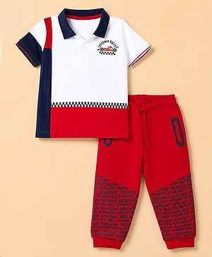 Babyhug 100% Cotton Terry Knit Half Sleeves T-Shirt & Joggers Set With Car & Text Print - White & Red