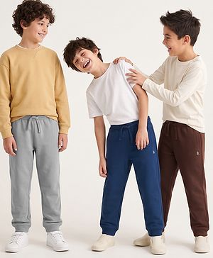 Pine Kids Cotton Knit Full Length Solid Lounge Pants Pack Of 3 - Navy Blue, Grey & Maroon