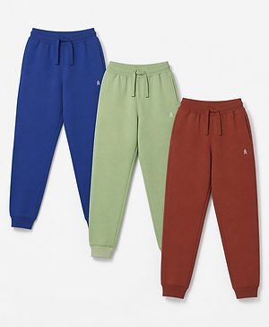 Pine Kids Cotton Knit Full Length Solid Lounge Pants Pack of 3 - Navy Blue, Maroon & Green