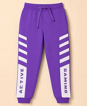 Pine Kids Cotton Knit Full Length Lounge & Track Pant With Text Print - Purple