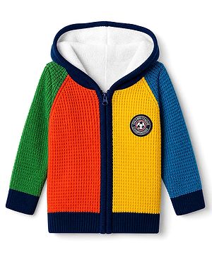 Babyhug Knit Full Sleeves Hooded Front Open Sweater With Cable Knit Design & Patch - Red & Yellow