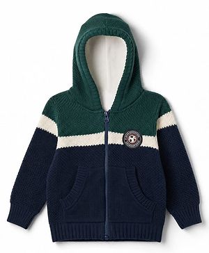 Babyhug Knit Full Sleeves Hooded Sweaters With Patch - Green & Navy Blue