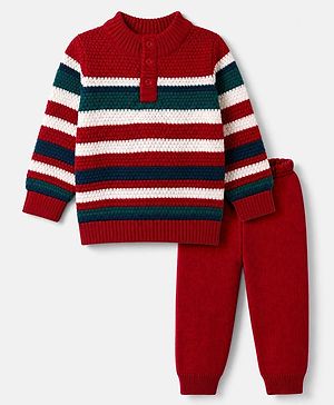 Babyhug Knit Full Sleeves Pullover with Striped Design - Red