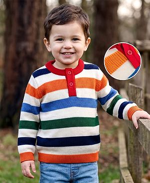 Babyhug Knit Full Sleeves Striped Pullover Sweater - Red
