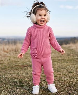 Babyhug Knit Full Sleeves Solid Colour Winter Wear Suit Set with Bow Applique - Pink