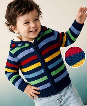 Babyhug Knit Full Sleeves Hooded sweaters with Striped Design - Black