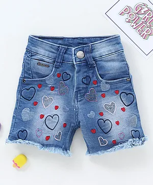 Enfance Denim Woven Washed  Knee Length Shorts With Heart Embroidery - Blue