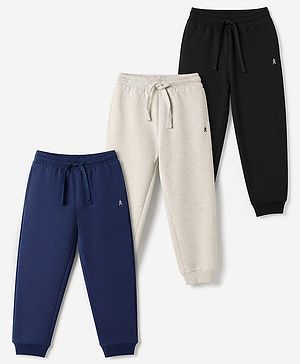 Pine Kids Cotton Knit Full Length Jogger Fit Solid Lounge Pant with Drawstring Pack of 3 in Black Grey Navy Blue