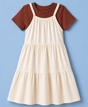 Pine Kids Cotton Knit Frock With Inner Tee with Short Sleeves - Beige